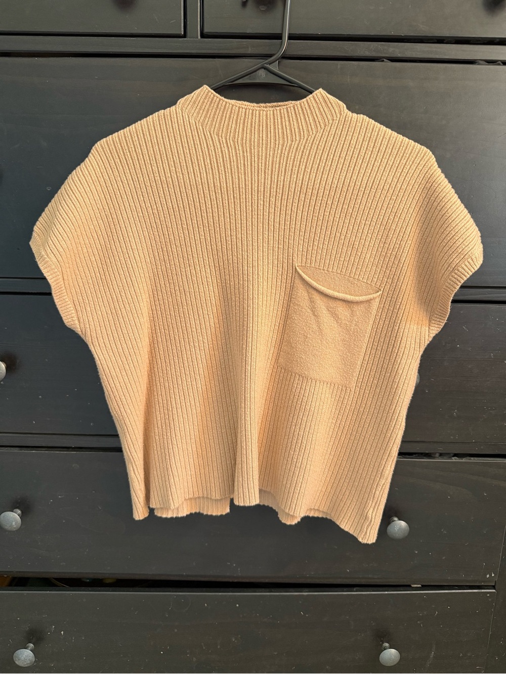 Sleeveless Rib Knit Pocket Top - Beige